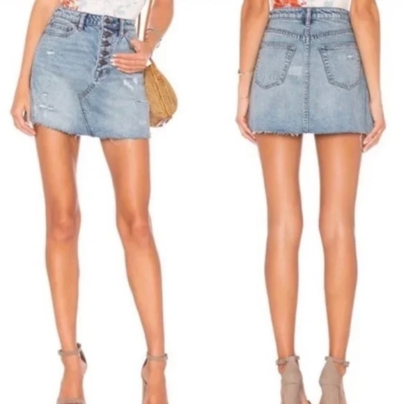 Free People, We The Free - Distressed Jean Skirt, Raw Hem, Denim A-Line, Size 27 - Picture 2 of 10